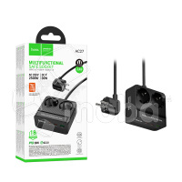 Сетевой фильтр с портами Hoco AC27 (2500W, QС3.0, PD, 2 розетки + 1 порт USB, 2 порта Type-C, 2 м) Черный